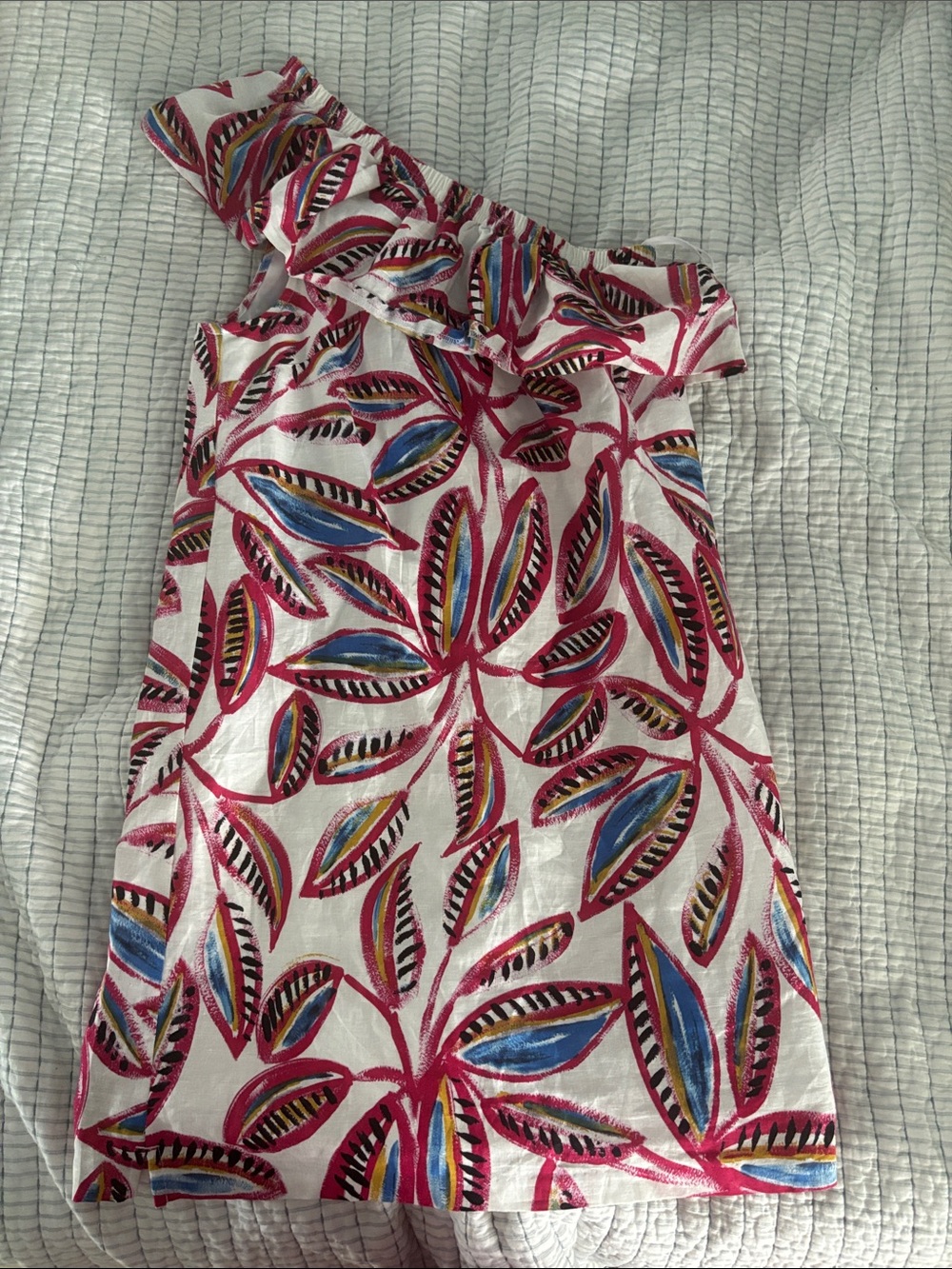 J. Crew Factory White One-Shoulder Leaf Print Dress with Pink and Blue Accents